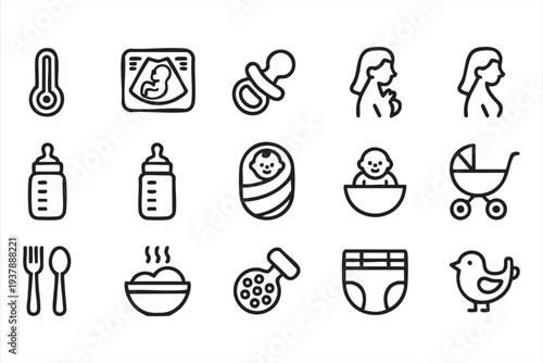 Baby Care and Newborn Parenting Outline Icon Set for Childcare Design