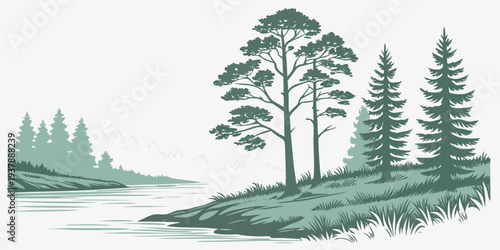 A serene landscape with a river and trees Vector