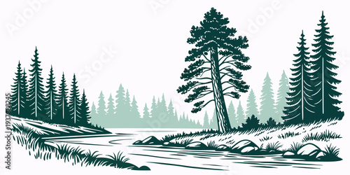 A serene landscape with trees on an island Vector