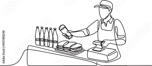 Carbonated drinks and sandwiches. Seller cashier of a restaurant in a street fast food cafe at work. Drinks and meals. One continuous drawing Editable stroke