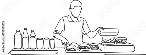 Carbonated drinks and sandwiches. Seller cashier of a restaurant in a street fast food cafe at work. Drinks and meals. One continuous drawing Editable stroke