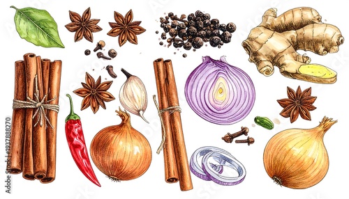 Spices and produce a vivid watercolor illustration of various spices, onions, ginger, and peppers