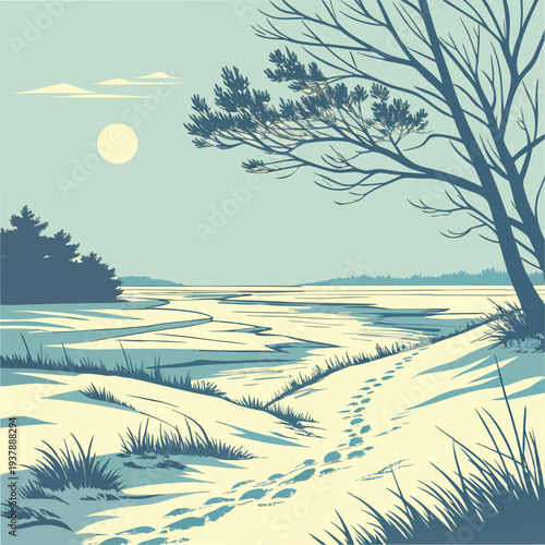 A serene winter landscape with a tree and a moonlit sky Vector