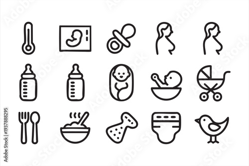 Newborn Baby Care Vector Icons with Bottle Pacifier and Stroller
