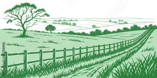 A green illustration of a fence and tree in a field Vector