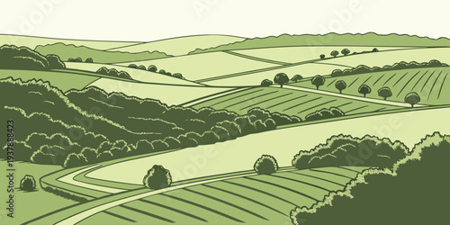 A green landscape with rolling hills and trees Vector