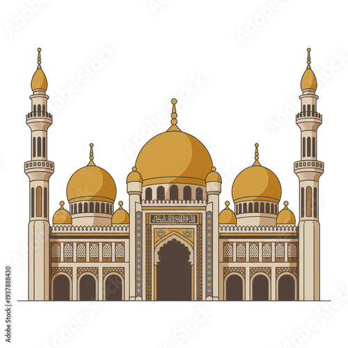 Golden mosque with domes and minarets islamic architecture