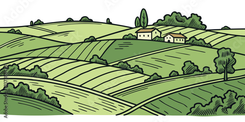 A serene countryside landscape with rolling hills and a farmhouse Vector