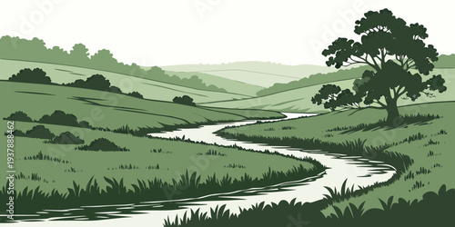 A serene landscape with a winding river and green hills Vector