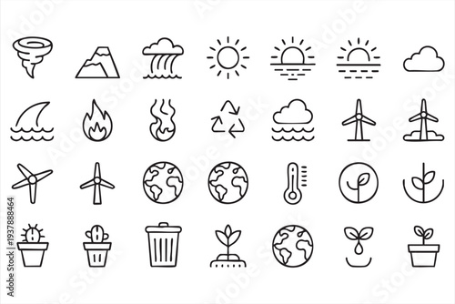 Climate Environment and Recycling Symbols Line Icon Pack for Green Design