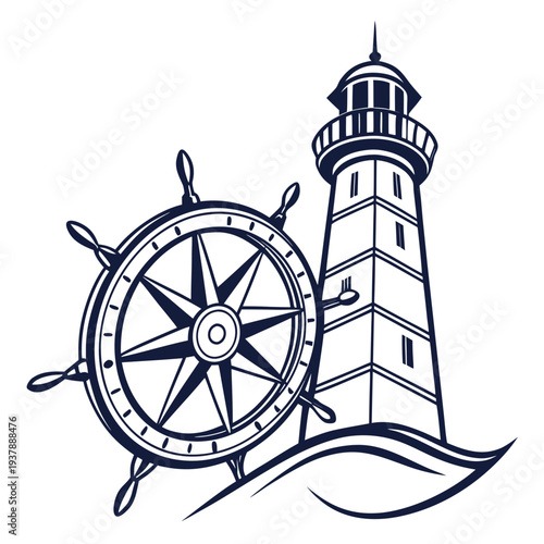 A lighthouse and ship's wheel on a wavy sea Vector