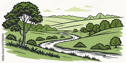 A serene landscape with a winding stream and lush greenery Vector