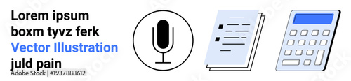 Communication, audio recording, office work, accounting, data analysis, productivity. A microphone, a document and a calculator icon. Communication and office work conceptual visuals