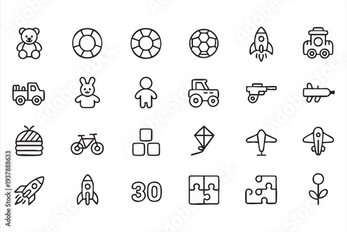 Kids Toys and Playground Activities Line Icon Set for Children Design