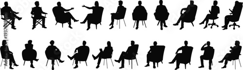 Business people sitting silhouettes collection, corporate professionals in different seated poses for meeting discussion interview concept flat vector illustration
