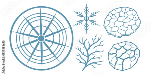 A blue illustration of four different types of snowflakes and a compass Vector