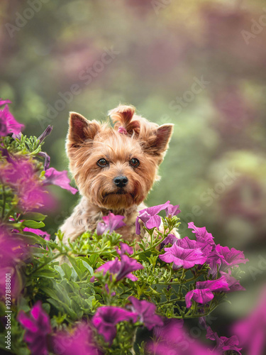Close-up portrait of an adorable Yorkshire Terrier dog with a pink topknot, sitting in a vibrant bed of purple petunia flowers in a garden on a sunny summer day. 