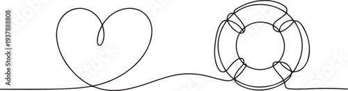 Continuous drawing of one line of an heart a lifebuoy. Business concept. Editable stroke