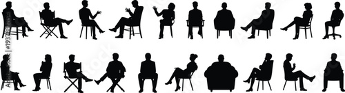 Business people sitting silhouettes set, corporate professionals in different seated poses for meetings interviews and discussions flat vector illustration