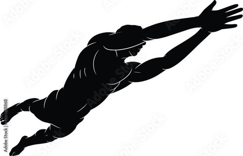 Black silhouette of a muscular man jumping or diving forward in mid-air with arms outstretched, conceptual athlete soaring toward success, isolated on white background.