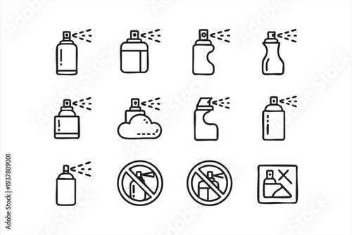 Spray Bottle Aerosol Mist Line Icon Set for Perfume Cleaning and Cosmetics