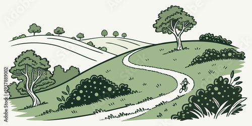 A winding path through a green hillside with trees Vector