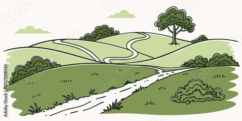 A green landscape with a winding road and trees Vector