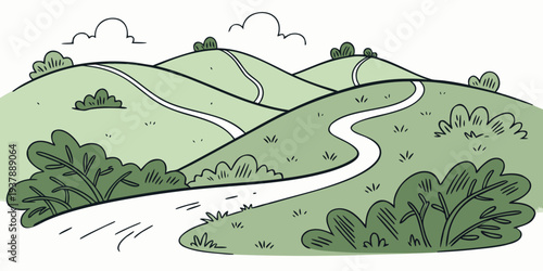 A winding road through a green landscape with hills and trees Vector
