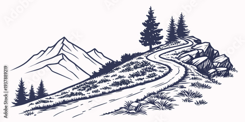 A winding road through a mountainous landscape with trees Vector