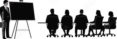 Business presentation with manager explaining strategy on board, corporate team meeting and training session concept silhouette vector illustration