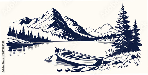 A serene mountain lake scene with a small boat Vector