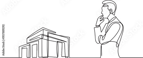 Continuous line design of the architect observes the structure of the building. Single line decorative element drawn. Editable stroke