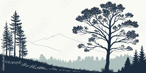 A serene landscape with trees on a hill Vector