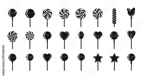 Collection of assorted black lollipop icons on white background various shapes and designs for graphic design use