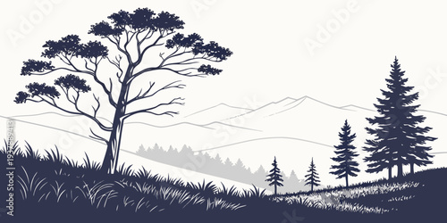 A serene landscape with trees on a hillside Vector