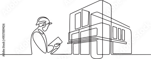 Continuous line design of the architect observes the structure of the building. Single line decorative element drawn. Editable stroke