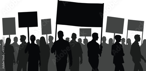 Protest crowd silhouettes holding blank banners and placards, political demonstration rally with people marching isolated on white background, social activism and public protest concept