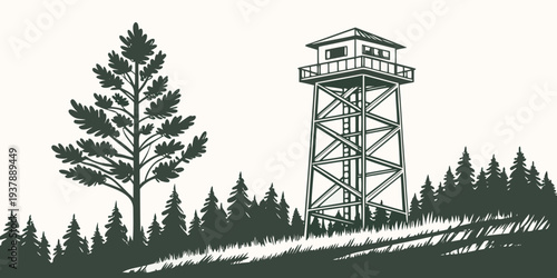 A fire lookout tower in a forest with a tree Vector