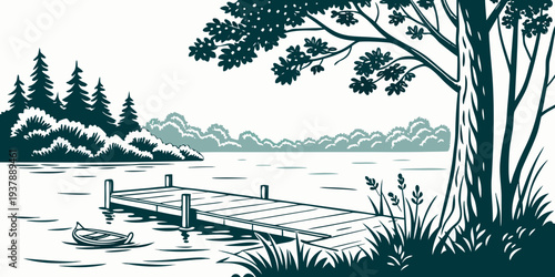 A serene lake scene with a dock and trees Vector