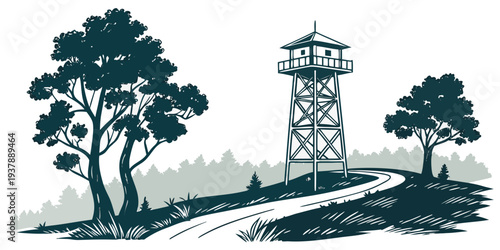 A tower and trees on a hill Vector