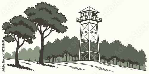 A tall white tower standing on a hill with trees Vector