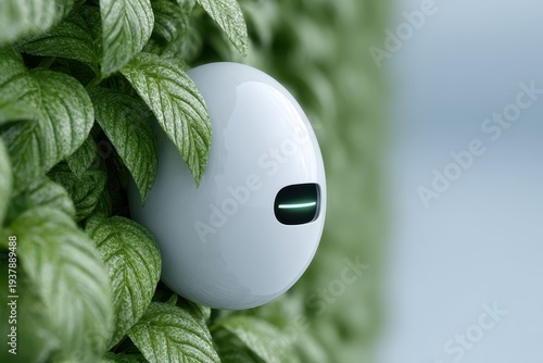 Minimalist white sphere device intertwined with lush green leaves, modern technology seamlessly blending with the serenity of nature, creating a striking visual contrast.