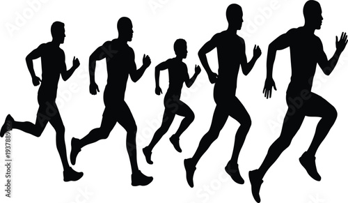 Silhouette sequence of people running in progressive motion showing athletic activity, human locomotion, fitness, and dynamic physical exercise poses