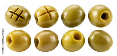 Green olives with various cuts on a white background