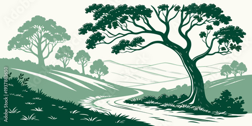 A serene landscape with a large tree on a hill Vector