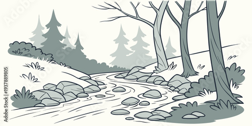 A serene winter landscape with trees and a snow covered path Vector