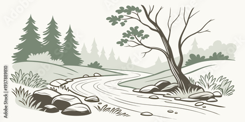 A tree uprooted on a snowy hill with pine trees in the background Vector