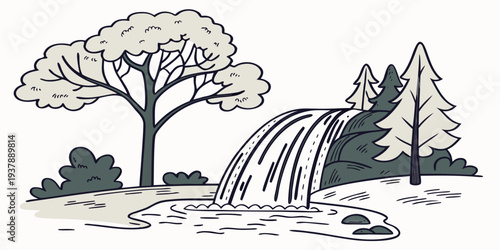 A small waterfall in a forest with trees Vector