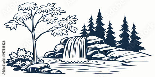 A serene landscape with a waterfall and trees Vector