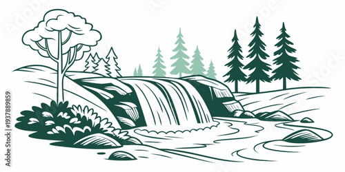 Serene landscape with a small waterfall and trees Vector